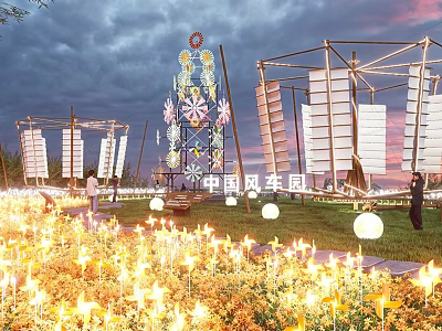 Chinese Style Farm Tool Art Installation With Windmills Floral Decorations On Illuminated Evening Grassland 3d model