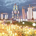 Chinese Style Farm Tool Art Installation With Windmills Floral Decorations On Illuminated Evening Grassland