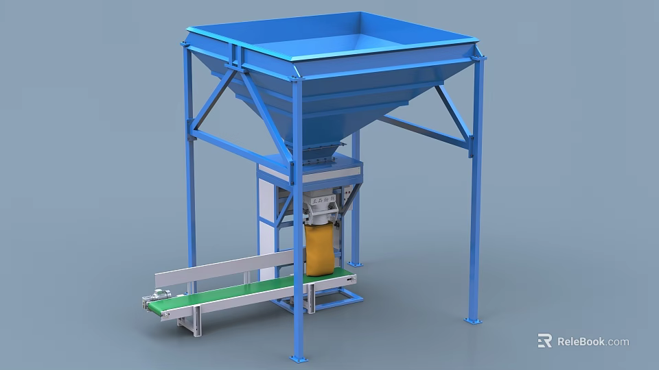 Industrial Equipment With Blue Frame Funnel Structure Yellow Packaging Unit And Green Conveyor Belt 3d model 