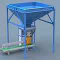 Industrial Equipment With Blue Frame Funnel Structure Yellow Packaging Unit And Green Conveyor Belt
