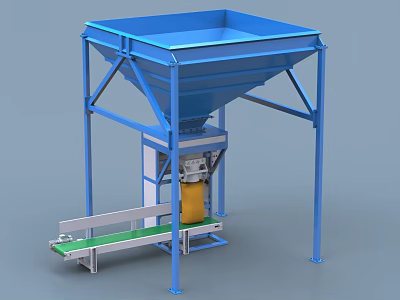 Industrial Equipment With Blue Frame Funnel Structure Yellow Packaging Unit And Green Conveyor Belt 3d model