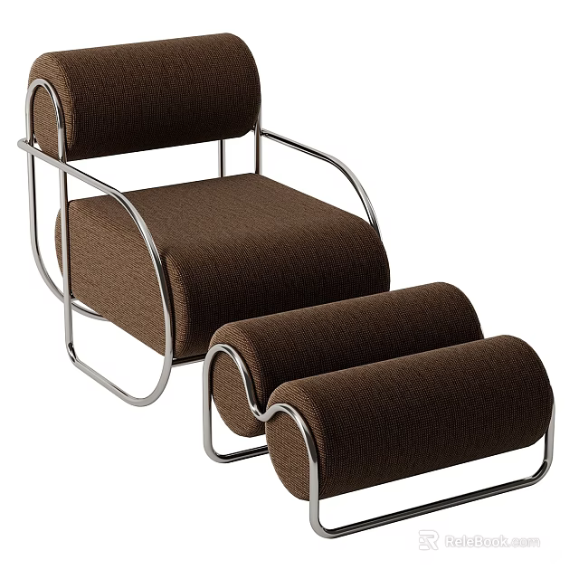 Brown Upholstered Accent Chair With Matching Ottoman And Chrome Metal Frame Design 3d model 