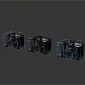 Three Black Cameras Arranged In A Row With Gray Gradient Background And Reflection 3d model