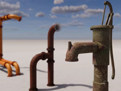 Orange And Brown Pipes With Rusty Water Pump Against Blue Sky And White Ground 3d model