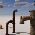 Orange And Brown Pipes With Rusty Water Pump Against Blue Sky And White Ground