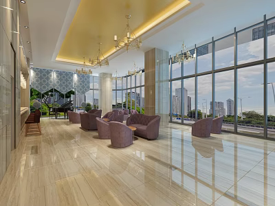Modern Hotel Lobby Interior With Chandeliers Large Windows Purple Sofas Piano And Marble Flooring 3d model