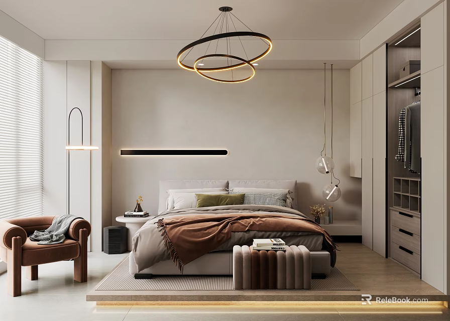 Modern Bedroom Interior Design With Circular Pendant Lights King Bed Armchair And Wardrobe 3d model 