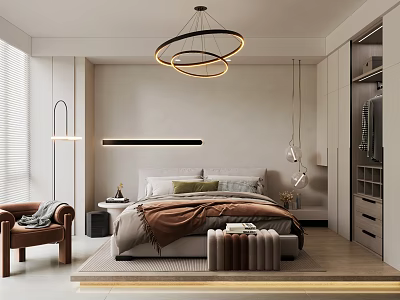 Modern Bedroom Interior Design With Circular Pendant Lights King Bed Armchair And Wardrobe 3d model