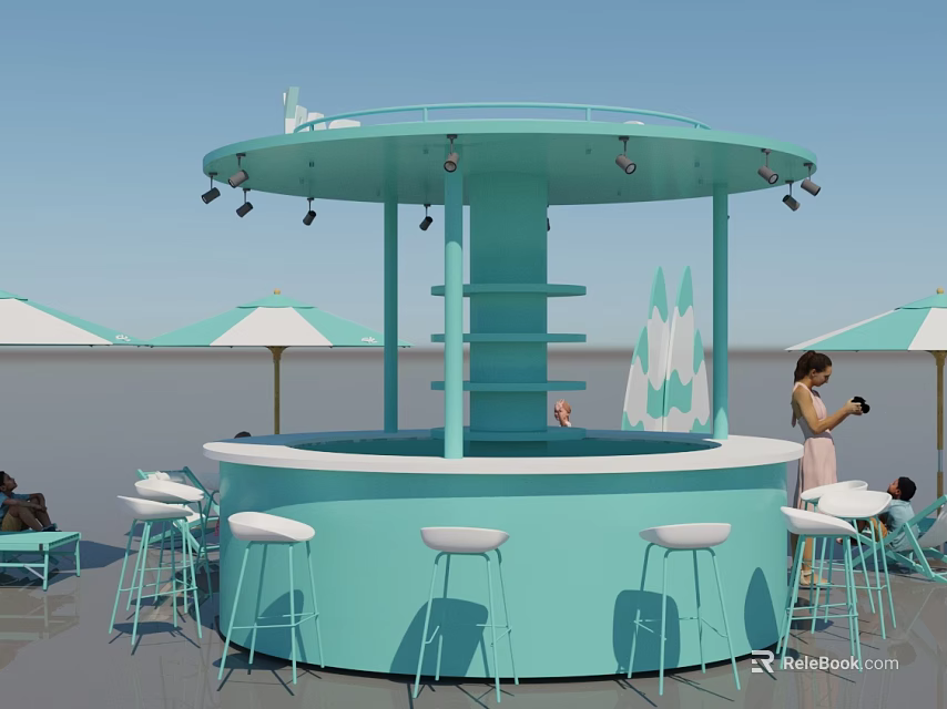 Round Turquoise Outdoor Bar with White Bar Stools Umbrellas and Hanging Lights in Casual Setting 3d model 