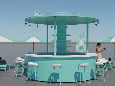 Round Turquoise Outdoor Bar with White Bar Stools Umbrellas and Hanging Lights in Casual Setting 3d model