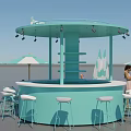 Round Turquoise Outdoor Bar with White Bar Stools Umbrellas and Hanging Lights in Casual Setting