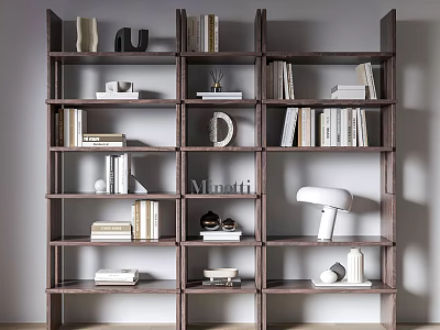 Modern Dark Wooden Bookshelf With Multiple Shelves Books Decorative Items Letter Decor And Table Lamp 3d model