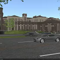 Luxury Hotel Building Exterior With Classical Tower Lawn Trees Driveway And Luxury Car
