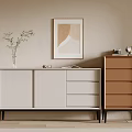Modern Minimalist Entryway Cabinet And Side Cabinet With Vase Decorations Painting Beige Wall Wooden Floor