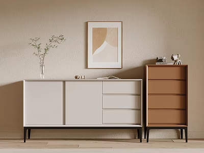 Modern Minimalist Entryway Cabinet And Side Cabinet With Vase Decorations Painting Beige Wall Wooden Floor 3d model