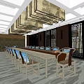 Conference Room with Long Table Chairs with Blue Cushions Layered Pendant Lights and Side Screens