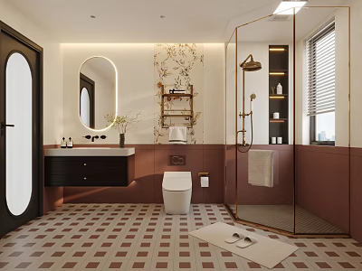 Elegant Modern Bathroom Interior Design With Black Vanity Round Mirror Glass Shower And Tile Floor 3d model