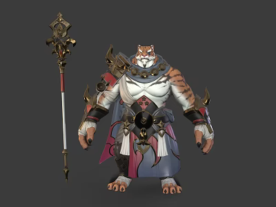 Anthropomorphic Tiger Character In Ornate Armor With Decorative Staff And Robe 3d model