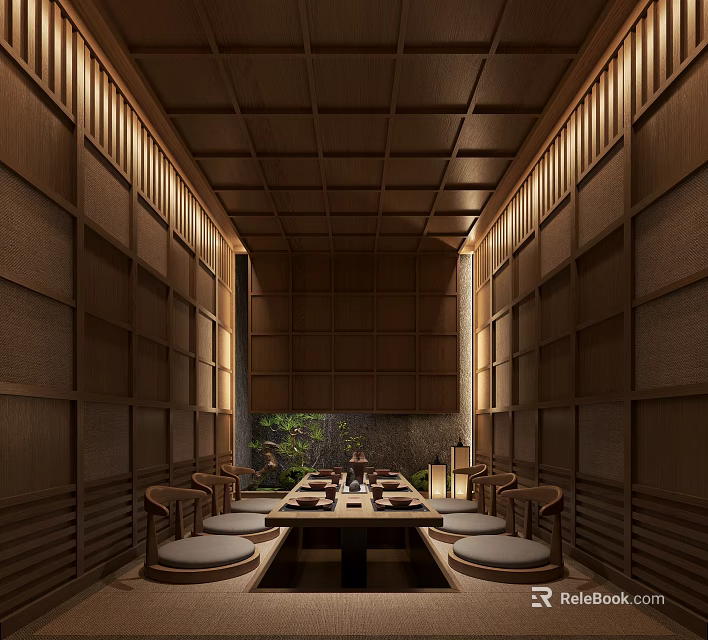 Japanese Traditional Private Room Interior With Tatami Seating And Wooden Decor 3d model 