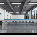 Modern Spacious Conference Room With White Chairs Large Screen Windows And Green Plants