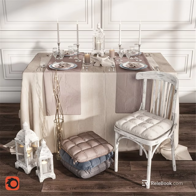 Elegant Table and Chair Set with Linen Tablecloth Glassware Dinnerware Candles and Lanterns 3d model 