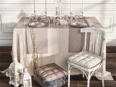 Elegant Table and Chair Set with Linen Tablecloth Glassware Dinnerware Candles and Lanterns 3d model