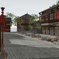 Traditional Commercial Street With Red Lanterns Pedestrians Stone-Paved Road And Trees