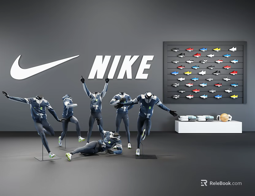 Nike Models In Dynamic Poses Wearing Sportswear With Shoe Display Wall In Store 3d model 