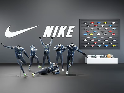 Nike Models In Dynamic Poses Wearing Sportswear With Shoe Display Wall In Store 3d model