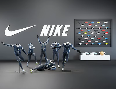Nike Models In Dynamic Poses Wearing Sportswear With Shoe Display Wall In Store 3d model