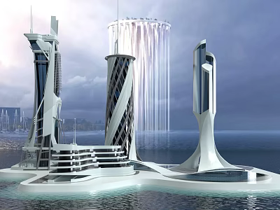 Modern Futuristic Waterfront Architectural Towers With Flowing Water And Marine View 3d model