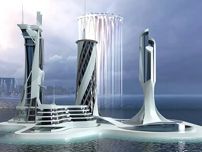 Modern Futuristic Waterfront Architectural Towers With Flowing Water And Marine View 3d model