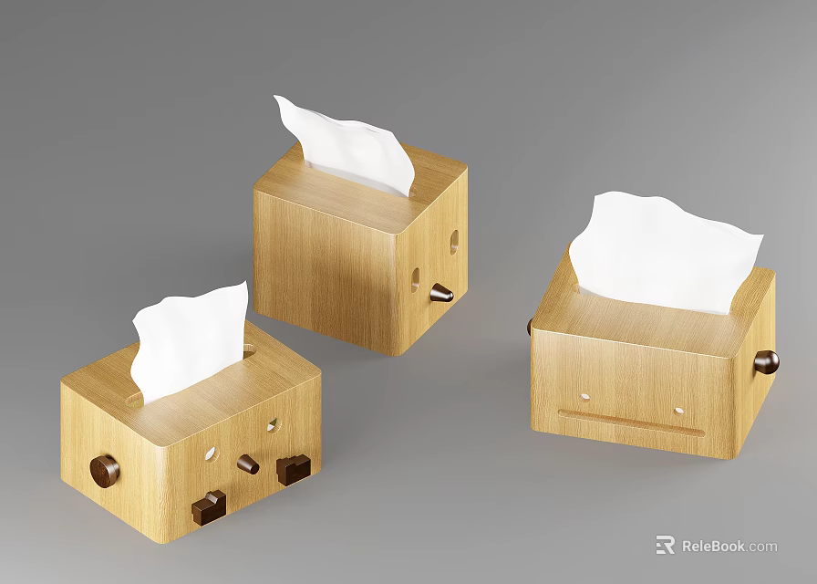 Three Wooden Tissue Boxes With Natural Wood Design And Tissues Inside 3d model 