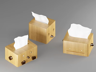 Three Wooden Tissue Boxes With Natural Wood Design And Tissues Inside 3d model