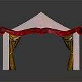 Red Entrance Gate With Ornate Arch Design And Golden Curtains Decorative Details
