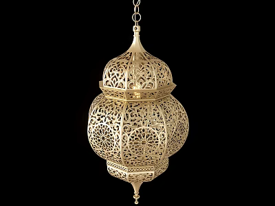 Elegant Golden Lantern Shaped Chandelier with Intricate Cutout Patterns and Hanging Chain 3d model