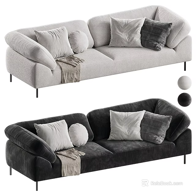 Modern Double Sofa with Light Dark Gray Upholstery Pillows Throw Blanket and Metal Legs 3d model 