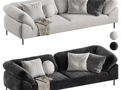 Modern Double Sofa with Light Dark Gray Upholstery Pillows Throw Blanket and Metal Legs 3d model