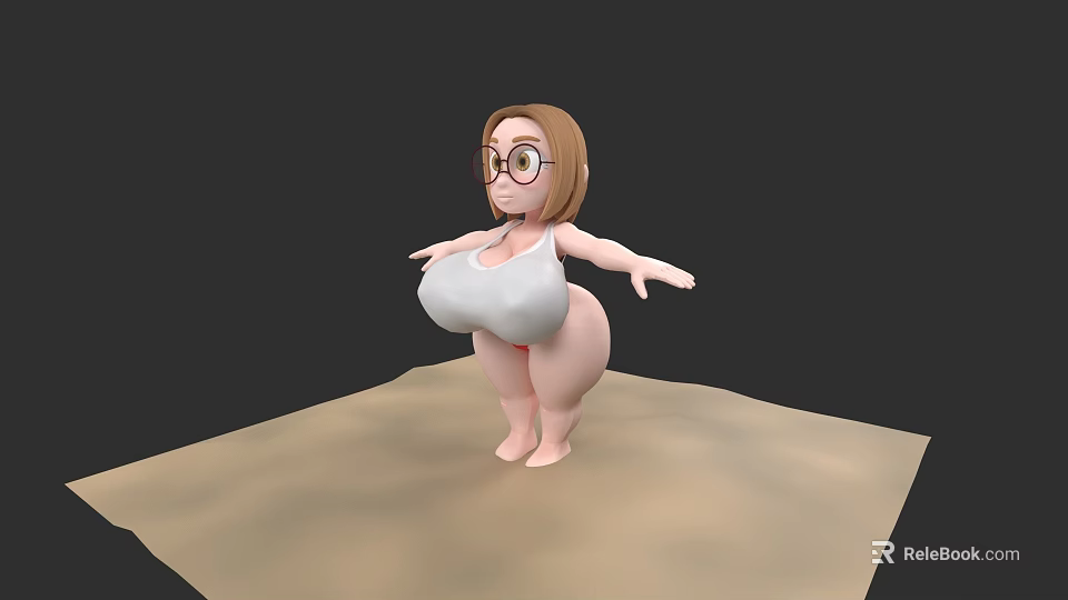 Woman With Brown Hair Glasses White Tank Top Standing Arms Outstretched Sand Platform Gray Background 3d model 