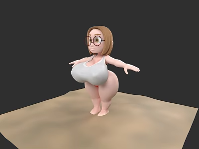 Woman With Brown Hair Glasses White Tank Top Standing Arms Outstretched Sand Platform Gray Background 3d model