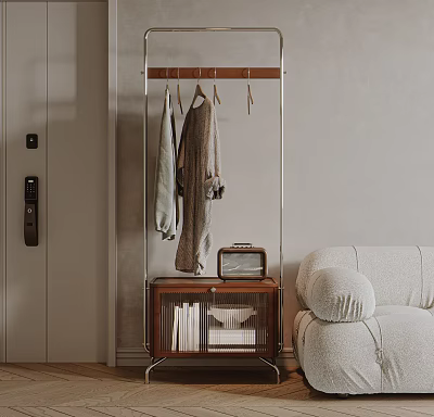 Modern Wooden Hanger With Clothes In Entryway Near Cabinet Radio And Sofa 3d model