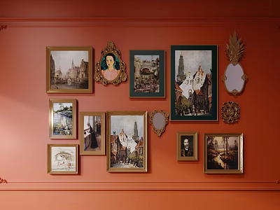 Orange Wall Decorated With Various Framed Paintings Mirrors And Ornate Decorative Items 3d model