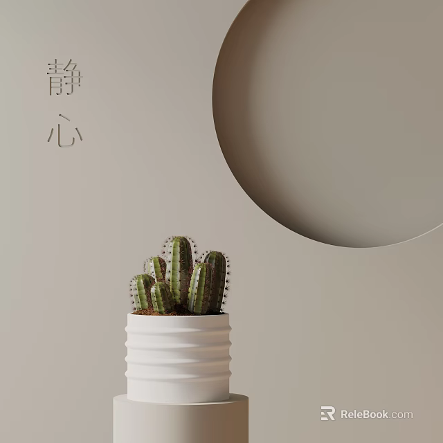 Serene Cactus Bonsai Plant in White Textured Pot with Circular Wall Decor 3d model 