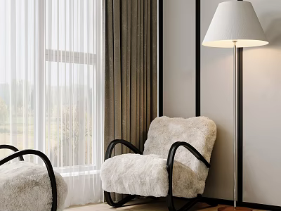 Plush Beige Single Sofa With Black Frame And Floor Lamp Curtains By Window 3d model