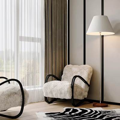 Plush Beige Single Sofa With Black Frame And Floor Lamp Curtains By Window 3d model