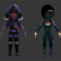 Two Stylish Character Designs With Purple Green Outfits Helmet And Protective Armor