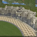 Decorative Outdoor Feature Wall With Intricate Stone Carvings Fountain And Lawn Surroundings