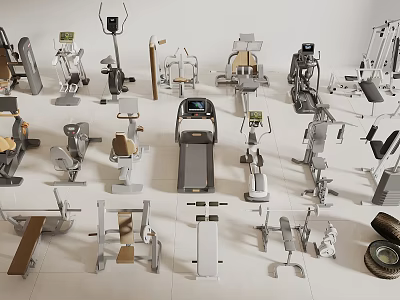 Sports Equipment Collection Featuring Treadmill Dumbbells Exercise Bike Elliptical And Weight Bench 3d model