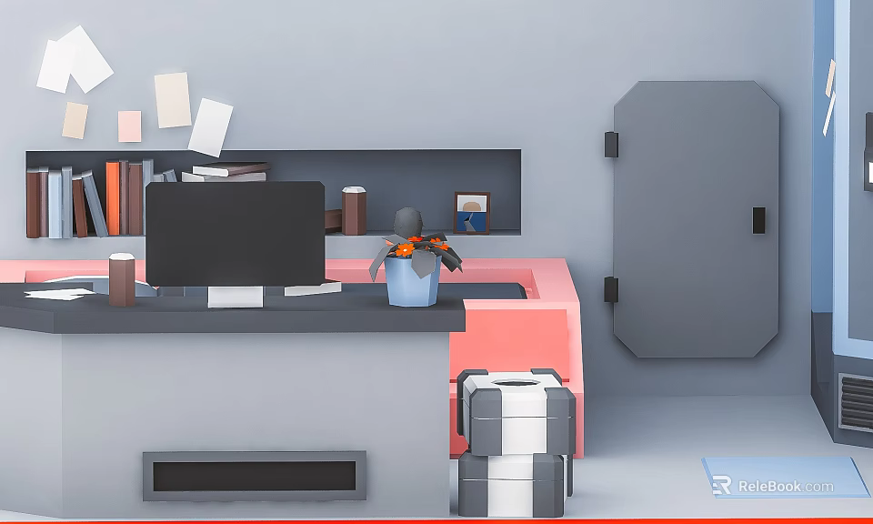 Cartoon Scene With Character Working At Desk With Computer Books Papers And Stacked Boxes 3d model 