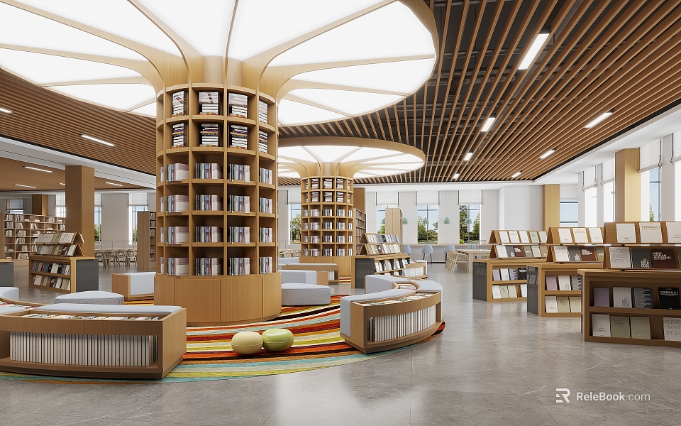 Modern Library Interior With Circular Bookshelves And Seating 3d model 